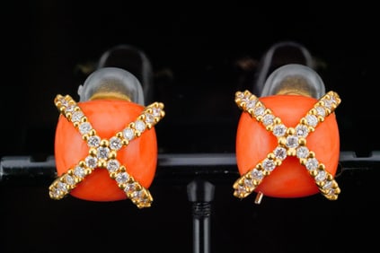 2.00ctw Diamond, 15mm Coral and 18K Gold Earrings