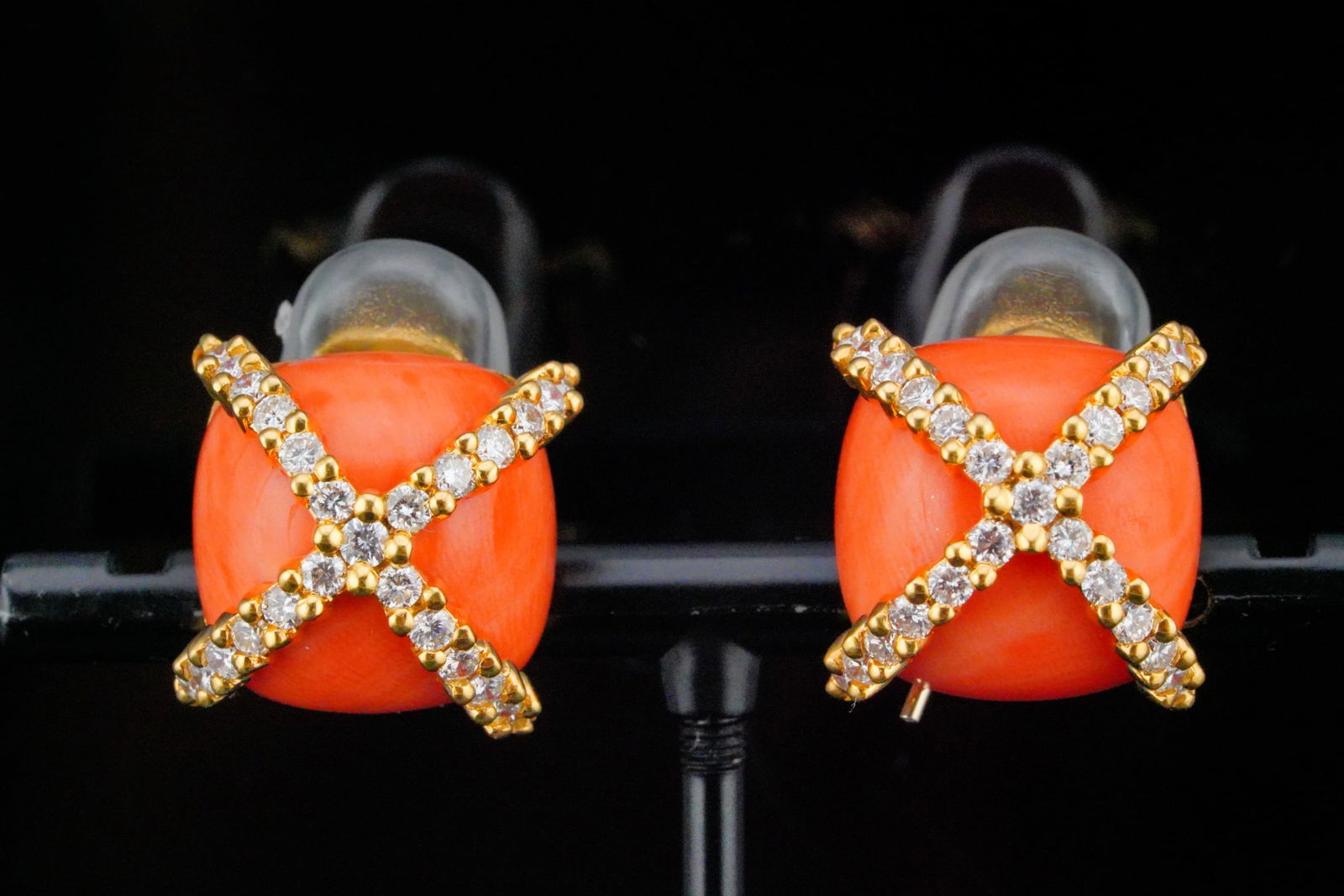 2.00ctw Diamond, 15mm Coral and 18K Gold Earrings: 2.00ctw VS2-SI1/G-H Diamond, 15mm Coral and 18K Yellow Gold Earrings - Radiating timeless sophistication, these exquisite 18k yellow gold earrings blend the rich warmth of natural coral with the brill