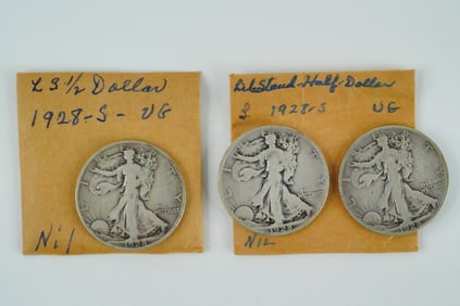 Lot of (3) 1928-S Walking Liberty Half Dollars