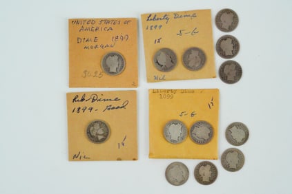 Lot of (13) 1899-P Barber Dimes (90% Silver)