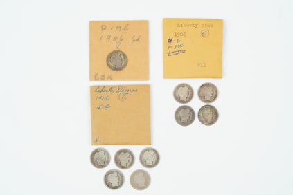 Lot of (10) 1906-P Barber Dimes (90% Silver)