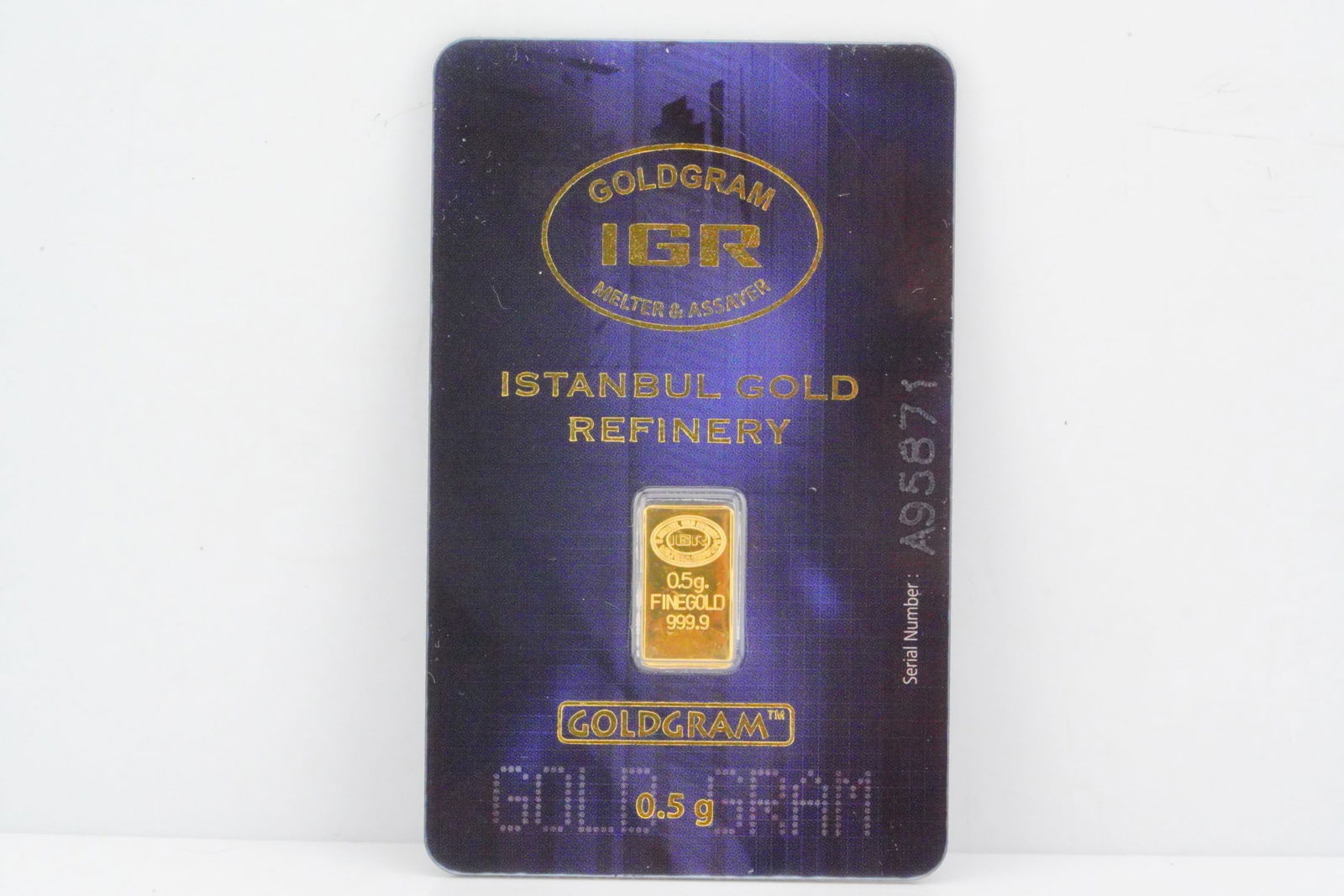 IGR Goldgram 0.5 Gram 999.9 Fine Gold Bar: Istanbul Gold Refinery Goldgram 0.5 Gram 999.9 Fine Gold Bar in Sealed Assay Certificate - Serial no. A95871. Auction Note: The buyer of this lot will receive an appreciation letter from Prince Lorenz