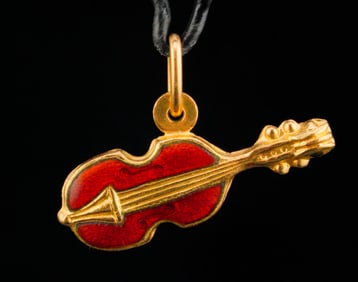 Italian Vintage 18K Yellow Gold and Enamel Cello Pendant