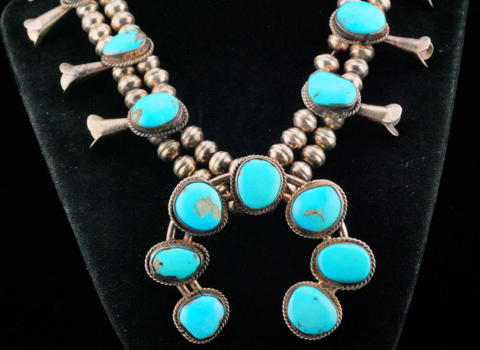 13mm-17mm Turquoise and Silver Squash Blossom Necklace (1 of 11)