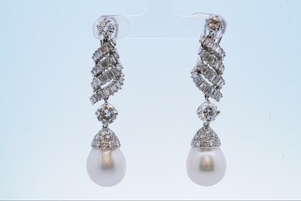 8.34ctw Diamond, South Sea Pearl and Platinum Earrings