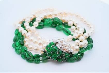 100ctw Emerald, Pearl, 1.25ctw Diamond, Platinum Bracelet