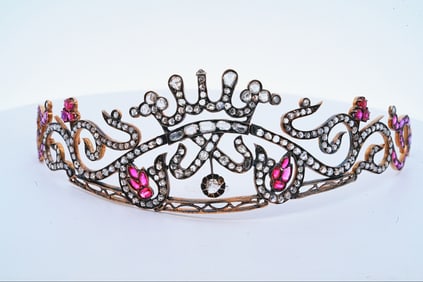 Antique 10.00ctw Diamond, 8.00ctw Ruby, Gold/Silver Tiara