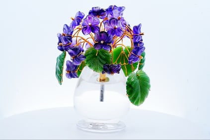 Nephrite, Amethyst, Crystal and Gold Flower Pot W/Diamonds