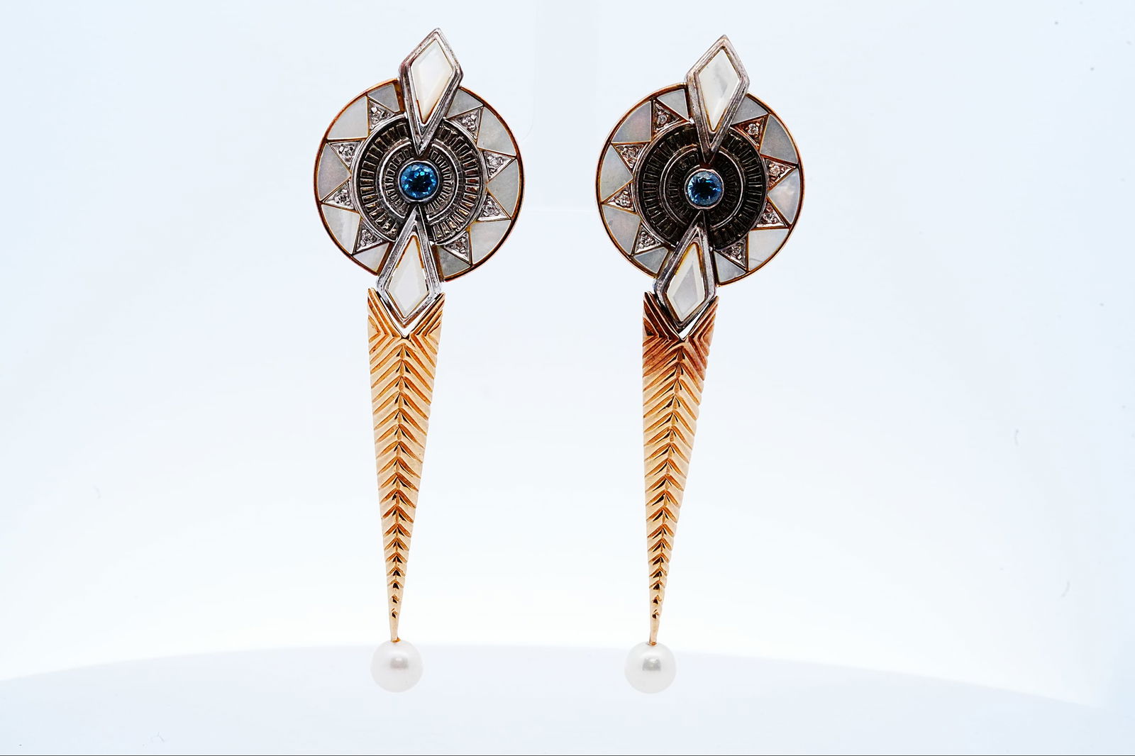 Erte Topaz, Diamond, Pearl and 14K/Silver Earrings: Erte Mother of Pearl, Topaz, Diamond, Pearl and 14K/Silver 2.5" Dangle Earrings - A rare and striking pair of sculptural earrings attributed to the iconic artist-designer Erte. Each earring features a