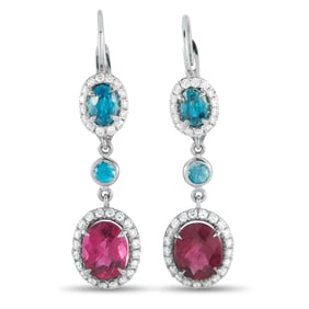 5.75ctw Pink Tourmaline and Blue Zircon, Diamond, 18K Earrings