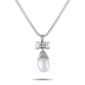 Platinum, 0.85ctw Diamond and Pearl 17" Necklace