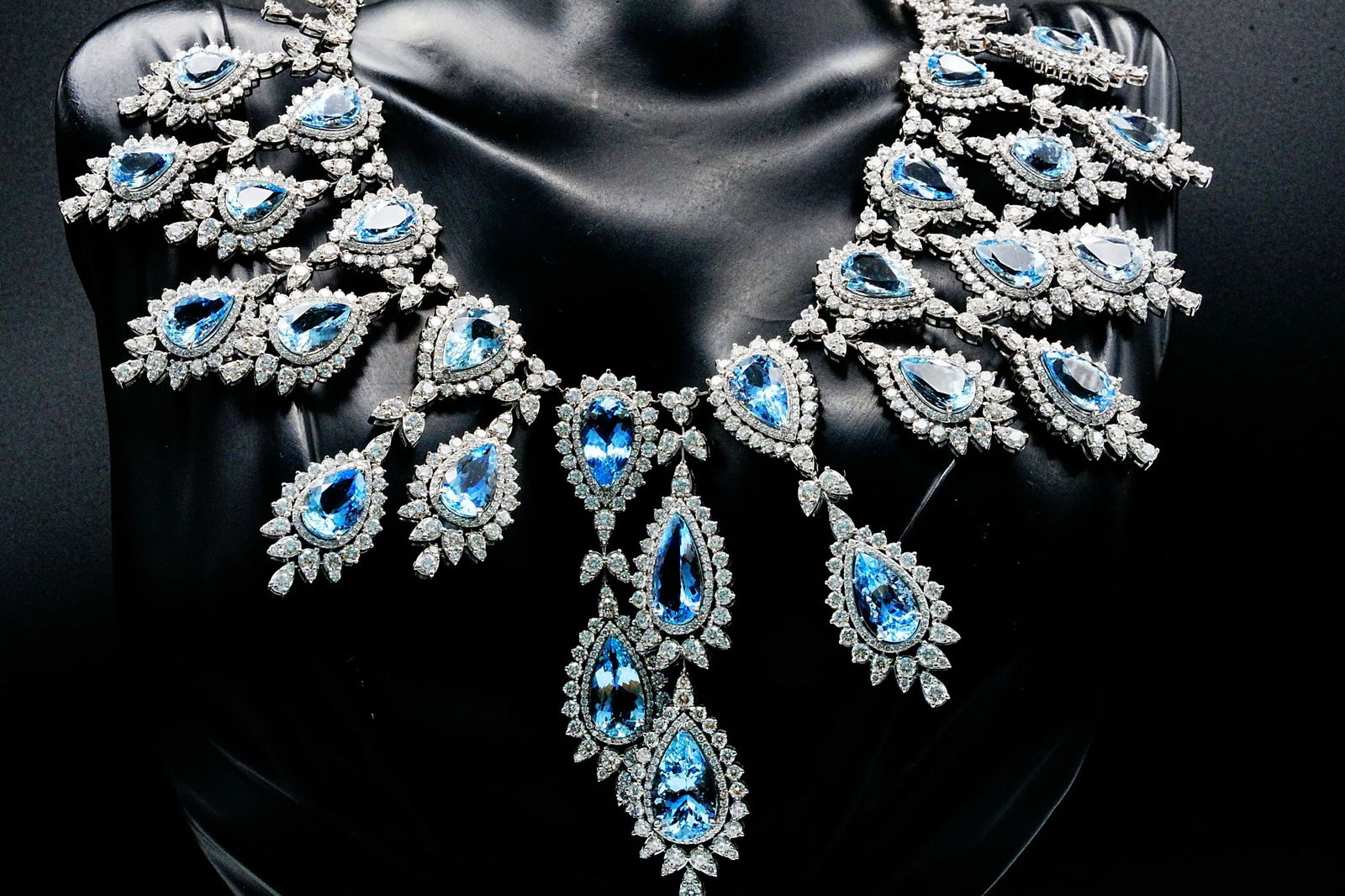 64.15ctw Aquamarine, 44.85ctw Diamond and 18K Necklace: 64.15ctw Aquamarine, 44.85ctw VS2-SI1/G-H Diamond and 18K White Gold 16" Cocktail Necklace - This item will come with a $985,000 insurance valuation report in the winning bidder's name by a graduate a