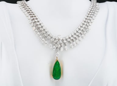 29.60ctw Diamond, 7.90ct Emerald and 18K 16" Necklace