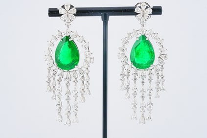 21.00ctw Emerald, 11.85ctw Diamond 18K 2.5" Earrings