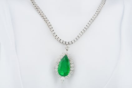 14.85ct Zambian Emerald, 13.25ctw Diamond 14K Necklace