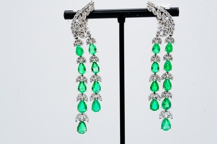 8.70ctw Emerald, 3.00ctw Diamond and 18K Earrings