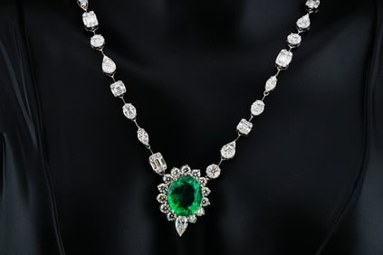 11.70ctw Diamond, 8.19ct GIA Emerald and 18K Necklace