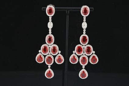 42.70ctw Glass-Filled Ruby, 5.75ctw Diamond 18K Earrings