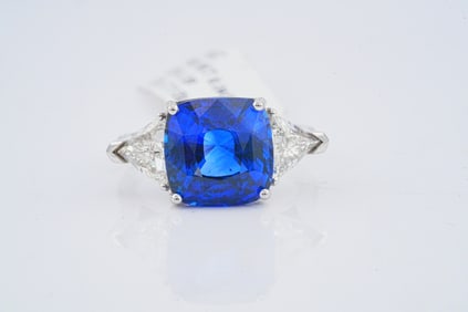 7.11ct GIA Blue Sapphire, 1.30ctw Diamond and 18K Ring