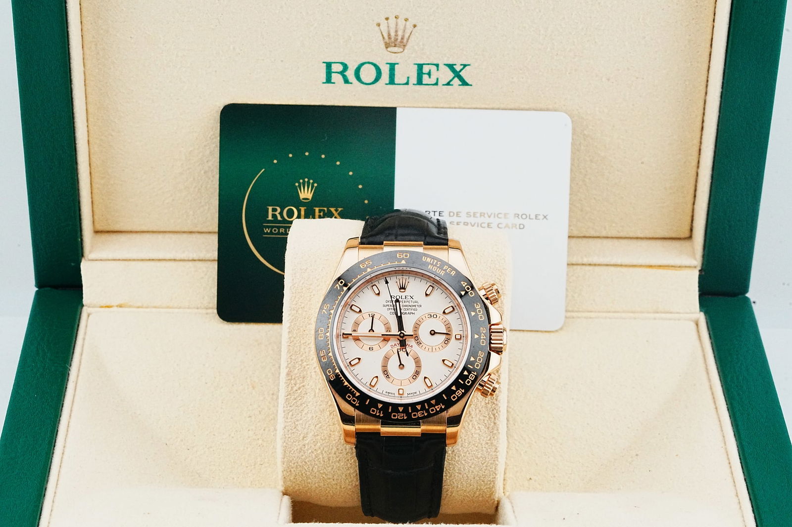 Rolex Daytona 40mm 18K Watch W/Leather Strap (116515LN): Rolex Cosmograph Daytona 40mm 18K Everose Gold Black Leather Strap Watch W/Box and Service Card (Ref. 116515LN) - This magnificent timepiece was crafted by the artisans at the world renowned luxury wa