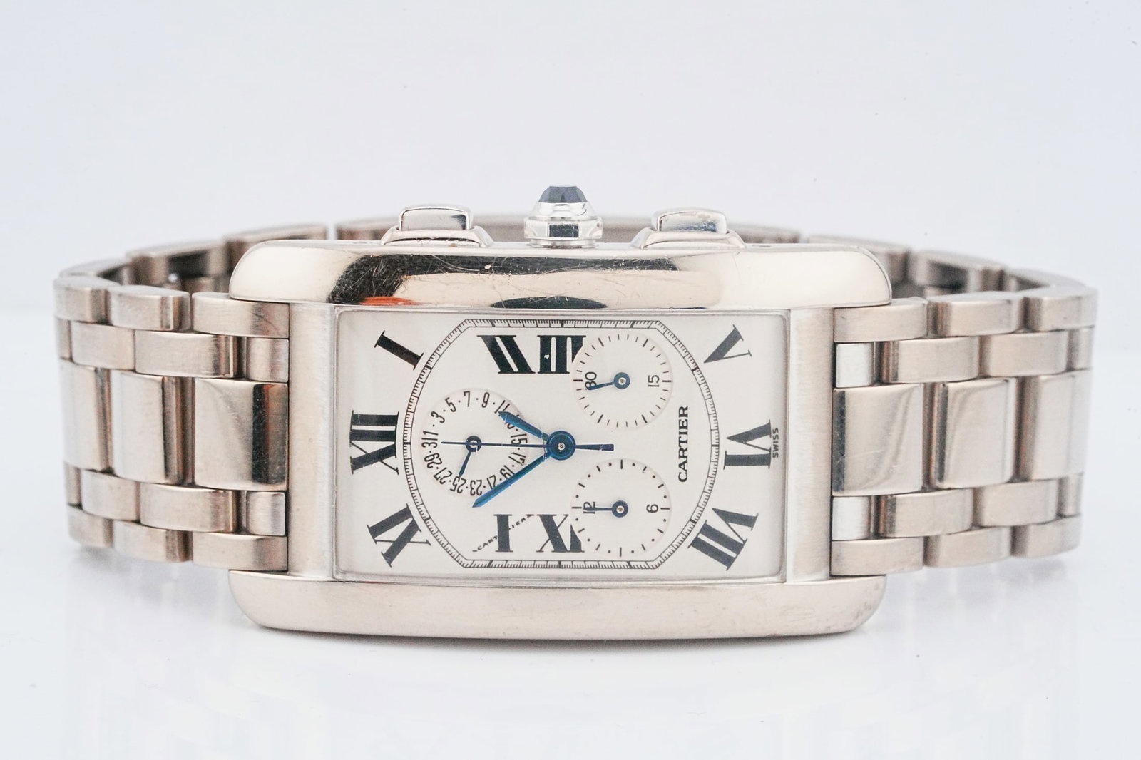 Cartier Tank Americaine Chronograph 18K White Gold Watch: Cartier Tank Americaine Chronograph Solid 18K White Gold Watch (Ref. 2312) - A sophisticated and highly collectible Cartier Tank Americaine chronograph wristwatch, crafted in solid 18K white gold and