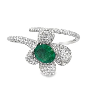 8.30ctw Diamond, 7.20ct Emerald and 18K Floral Bangle