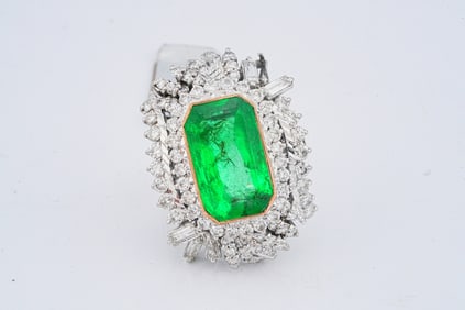 10.00ct Colombian Emerald, 3.50ctw Diamond, Silver/8K Ring