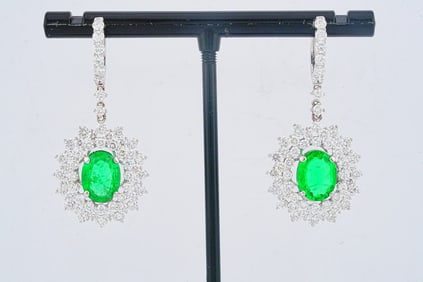 3.90ctw Diamond, 3.20ctw Emerald and 18K Earrings