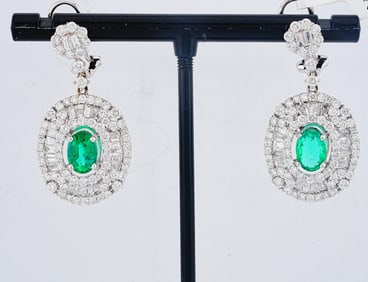 3.45ctw Diamond, 1.76ctw Emerald and 18K Earrings
