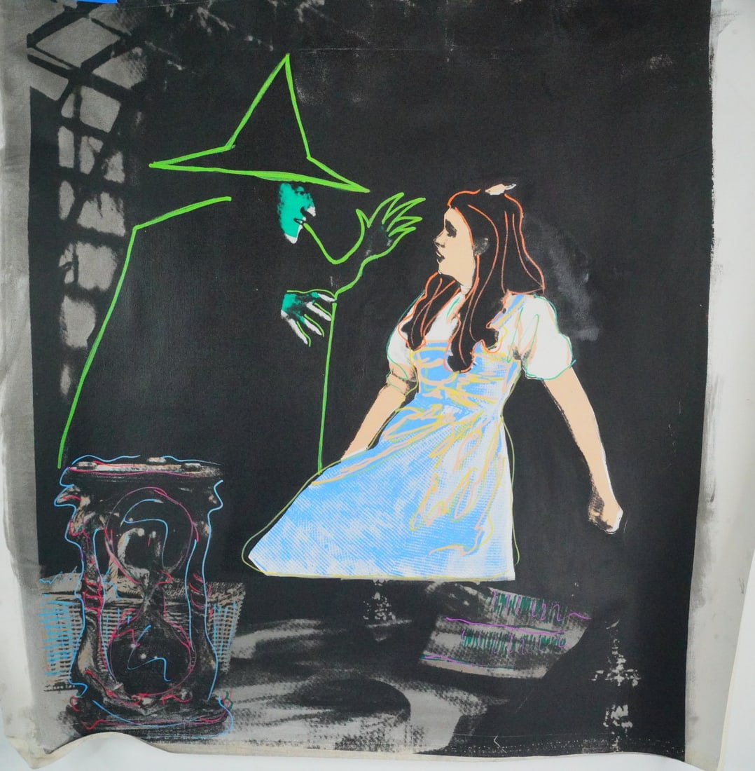 Steve Kaufman Signed Wizard of Oz Mixed Media Canvas: Steve Kaufman Dorothy and the Wicked Witch Limited Edition Hand-Embellished Mixed Media Silkscreen on Canvas, Signed and Numbered 25/50 PP - Offered here is a striking hand-embellished mixed media sil