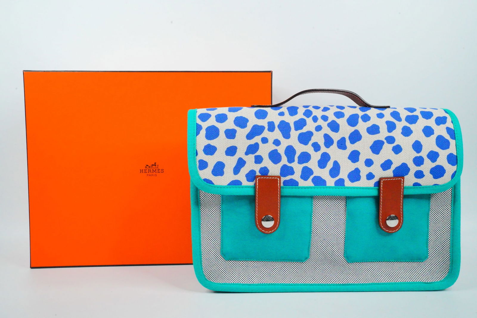 Hermes Toile and Barenia Jeux Dans La Jungle Backpack: Hermes Toile Canvas and Barenia Jeux Dans La Jungle Children's Backpack Outremer (Never Used W/Box) - A rare and whimsical Hermes creation designed for the Jeux Dans La Jungle (Games in the Jungle) co