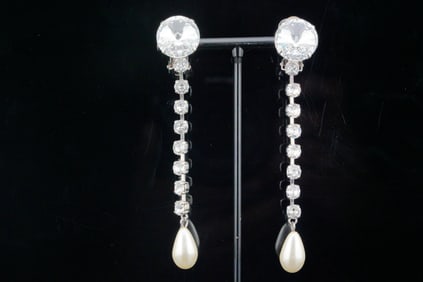 Miu Miu Rhinestone and Faux Pearl Long Drop Ear Clips