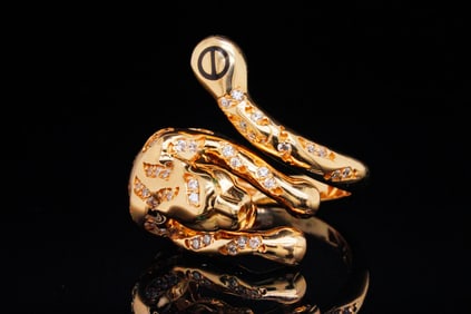 18K Yellow Gold, Black Lacquer and Zircon Panther Ring