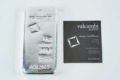 Valcambi Suisse 1 Kg .999 Fine Silver Bar W/Assay Card