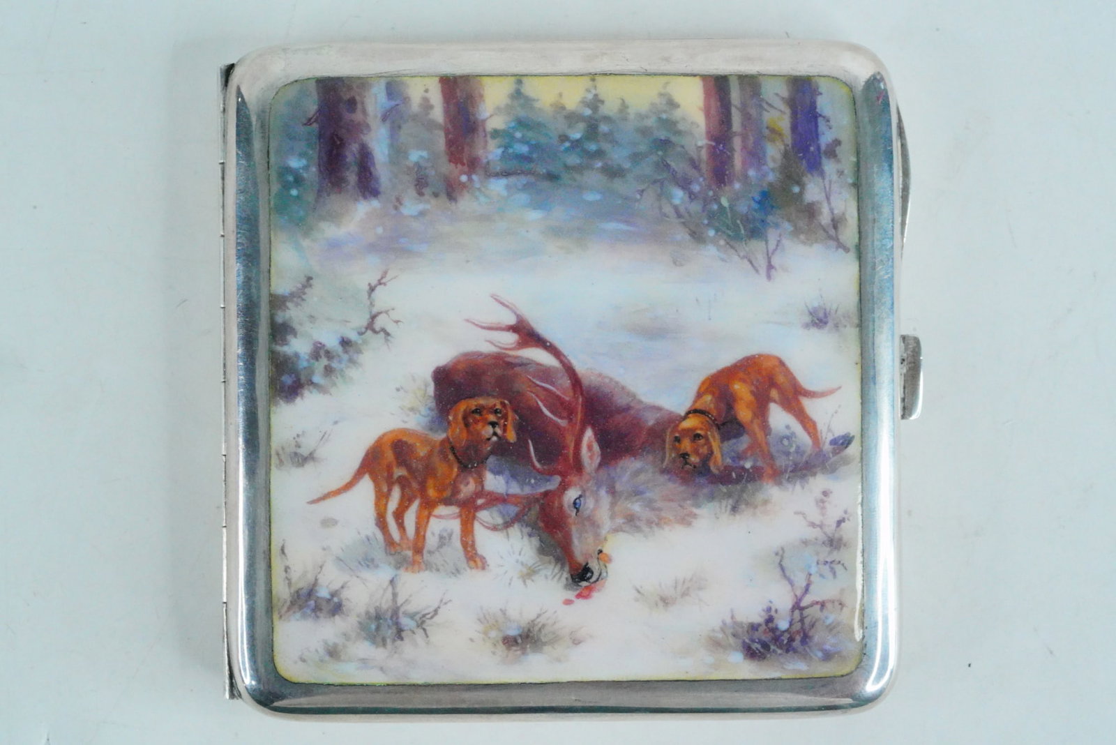German Antique Enameled 800 Silver Cigarette Case: German Antique Enameled 800 Silver Cigarette Case - Finely crafted early 20th-century rectangular cigarette case, the lid featuring an enameled scene of two hunting hounds standing over a fallen stag