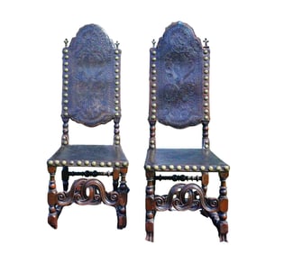 Pair of Antique Spanish Revival Leather and Wood Chairs