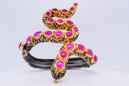 24ctw Ruby, Sapphire, and Silver Snake Bracelet