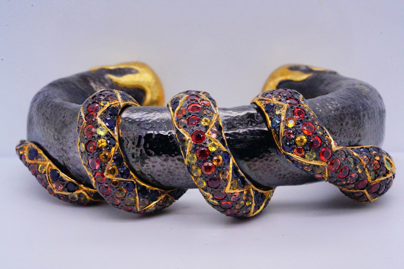 Handmade Sapphire and Silver/Vermeil Snake Cuff: Handmade Multi-Color Sapphire and Silver Snake Cuff Bracelet W/Gold Vermeil Accents and Emerald Eyes - This handcrafted bracelet is a bold and captivating piece that combines intricate craftsmanship w