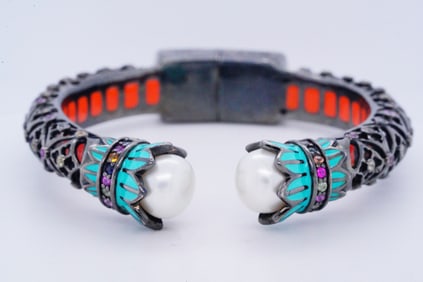 MCL Pearl, Sapphire, Enamel and Sterling Bracelet