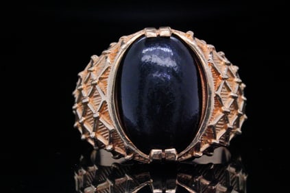 Solid 10K Yellow Gold and Wood Cabochon Ring