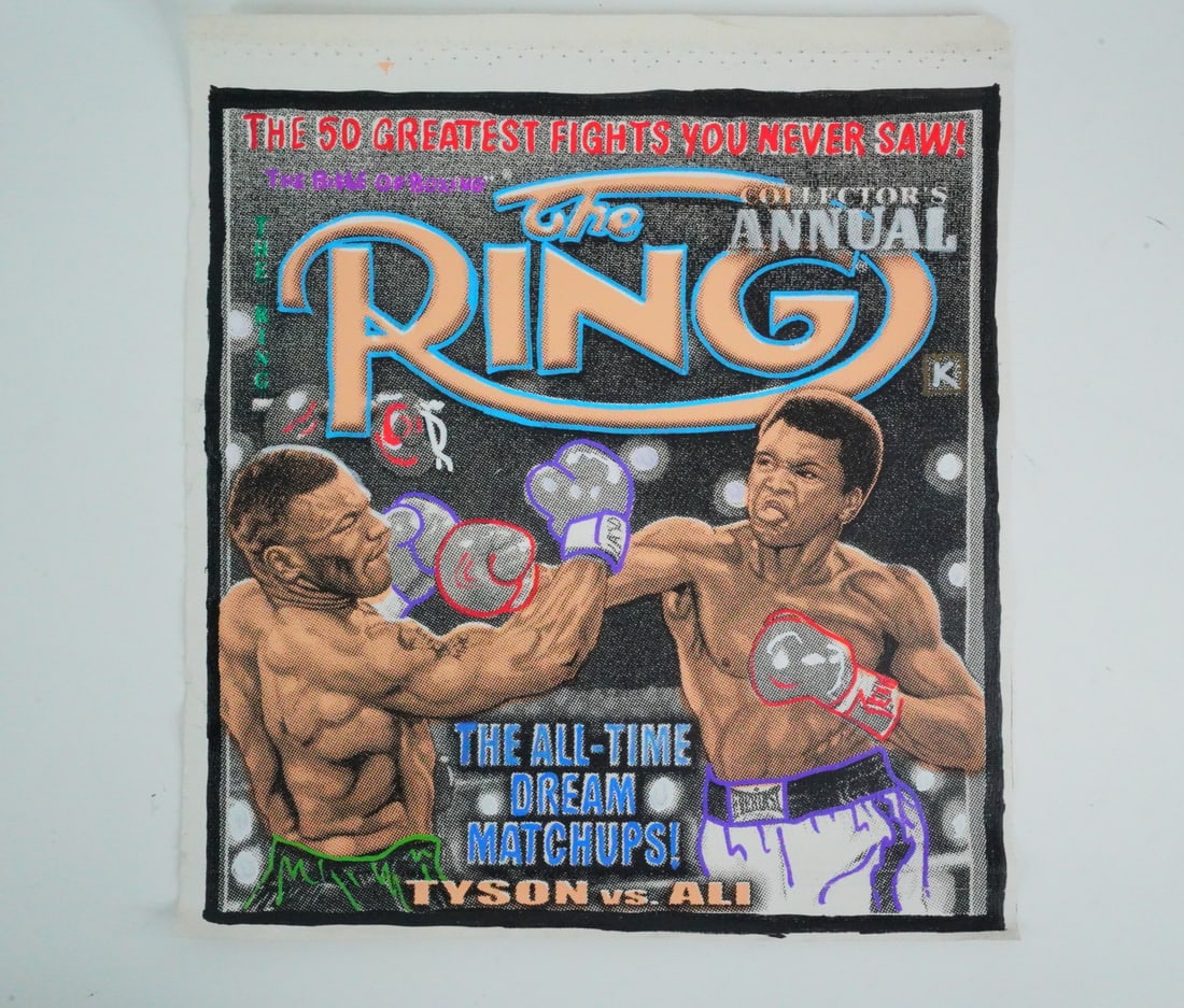 Steve Kaufman Signed Tyson vs. Ali Mixed Media Canvas: Steve Kaufman Mike Tyson vs. Muhammad Ali Limited Edition Hand-Embellished Mixed Media Silkscreen on Canvas, Signed and Numbered 16/25 AP - Offered here is a dynamic hand-embellished mixed media silks
