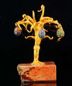 Lot of (3) Russian Enameled Egg Pendants with Tree Stand