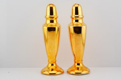 Pair of Vintage 22K Gilt Ceramic Salt and Pepper Shakers