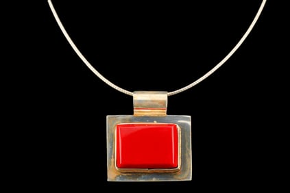 1.5" Sterling Silver and Red Coral Pendant 18" Necklace