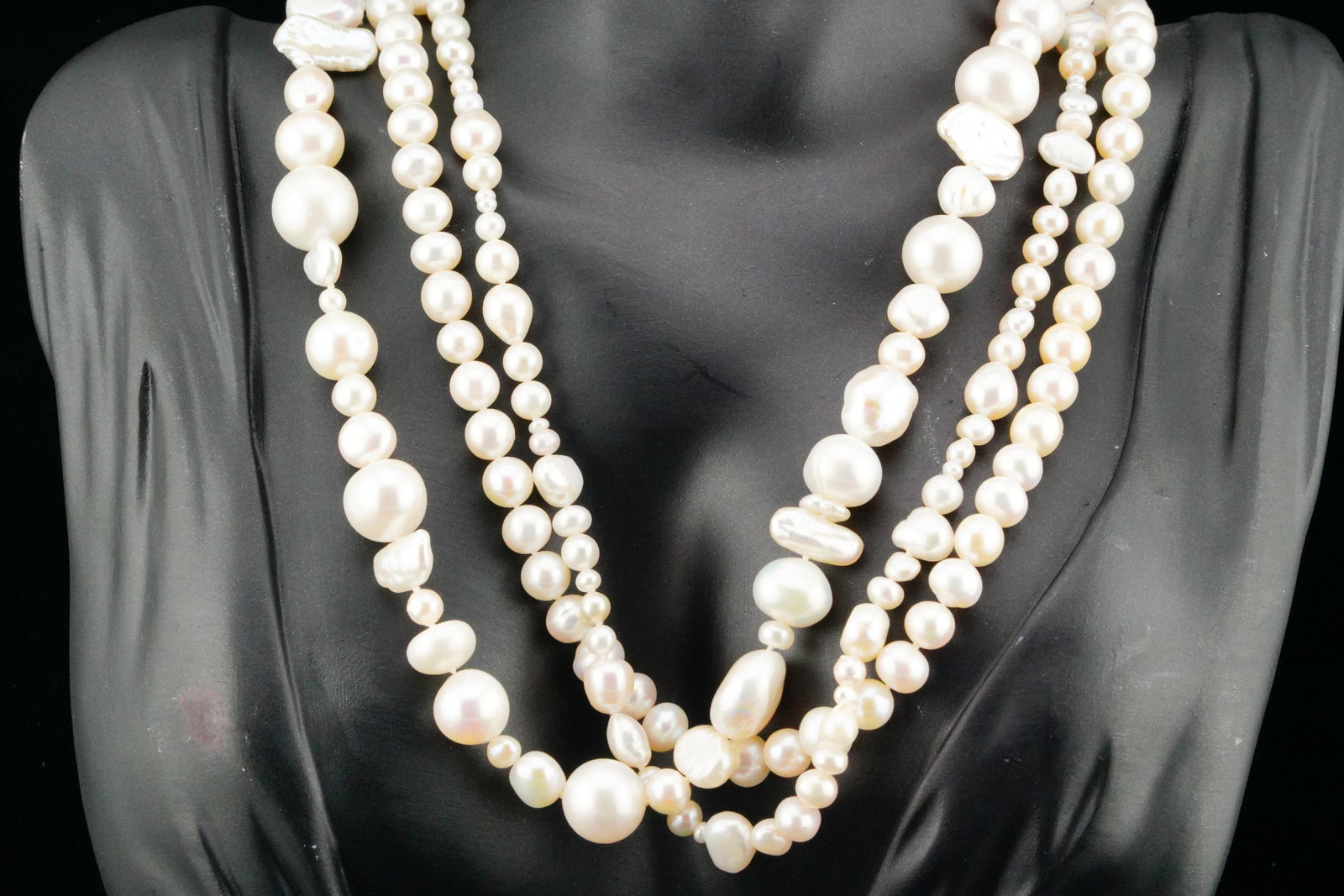 4.5mm-12mm Pearl Three-Strand 18" Necklace W/18K Clasp: 4.5mm-12mm Pearl Three-Strand 18" Necklace with 18K Yellow Gold Clasp - A timeless and elegant pearl necklace showcasing three strands of lustrous pearls ranging from approximately 4.5mm to 12mm in di