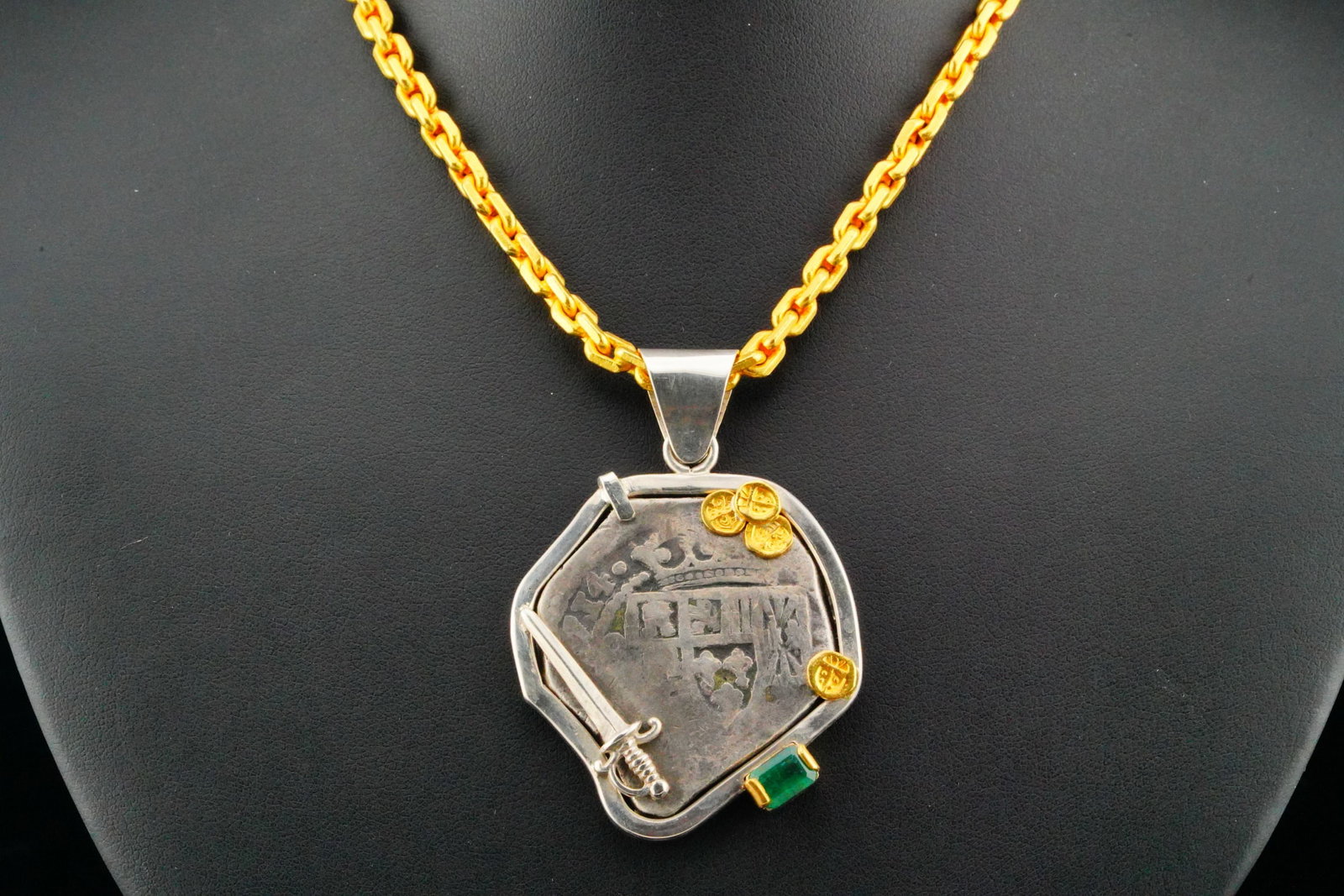 Custom Silver Shipwreck Coin, Emerald, 14K/24K Necklace: Custom One of a Kind Silver Shipwreck Coin, 0.75ct Emerald and 14K/24K Gold Pendant on 24K Gold Chain - This item will come with a $40,000 insurance valuation report in the winning bidder's name by a