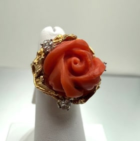 Carved Coral, 0.15ctw Diamond and 18K Yellow Gold Ring