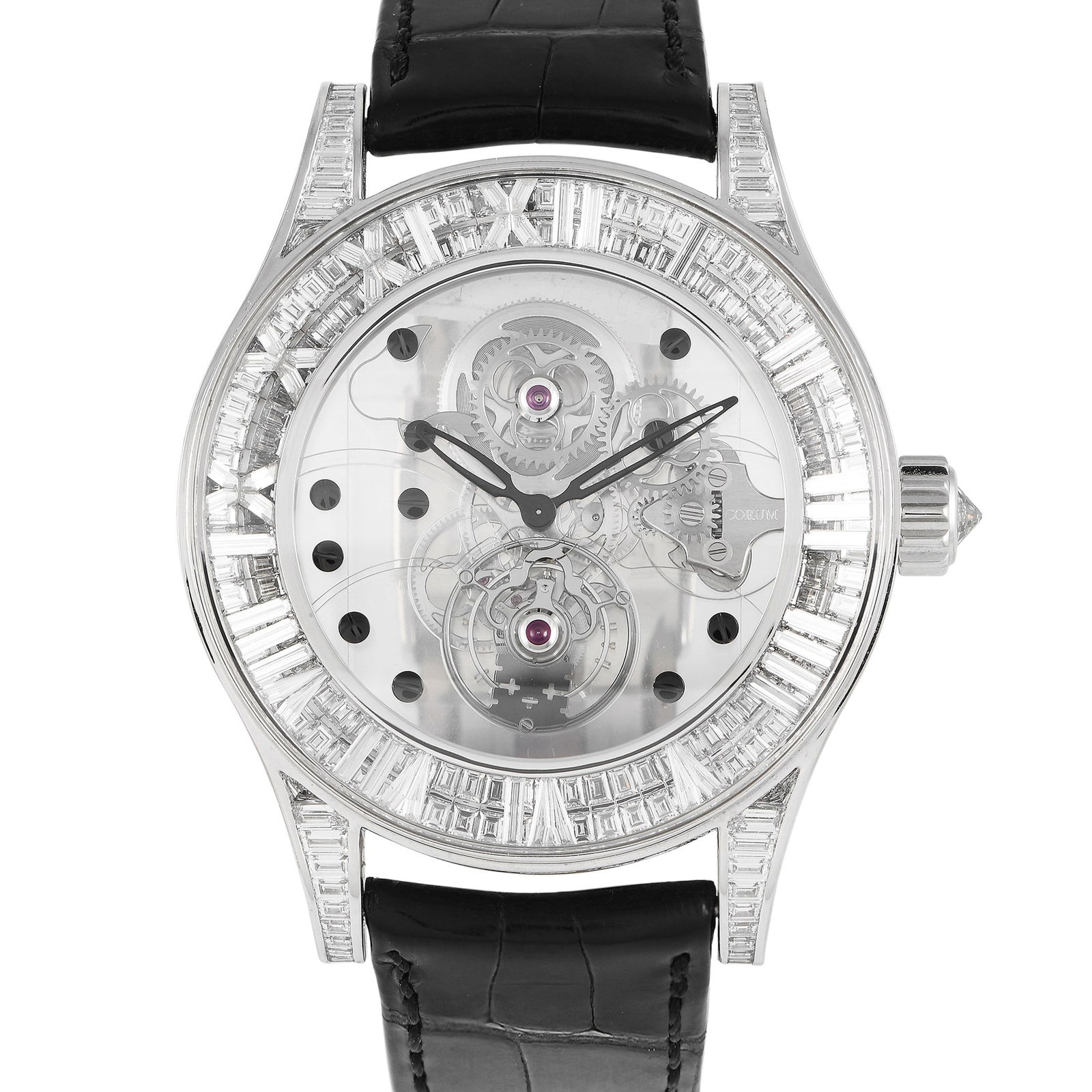 Corum Romvlvs Tourbillon Billionaire 18K Diamond Watch: Corum Romvlvs Tourbillon Billionaire 45mm 18K White Gold and Diamond Watch Ref. 372.719.69/0F810000 - A masterful creation that lives up to its "Billionaire" name, this Corum Romvlvs Tourbillon is a b