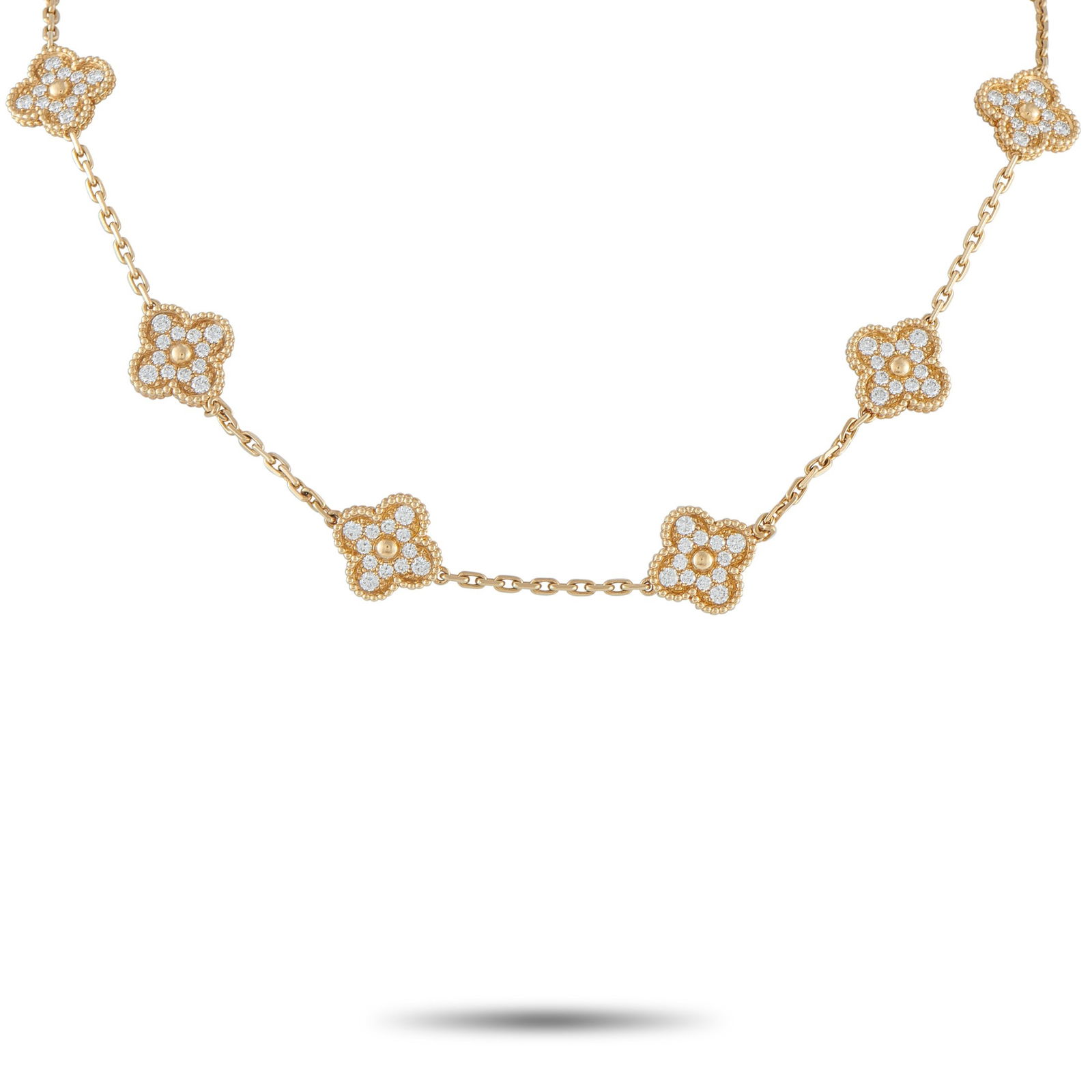 Van Cleef & Arpels Alhambra 4.83ctw Diamond 18K Necklace: Van Cleef & Arpels Vintage Alhambra 4.83ctw VVS/E-F Diamond and 18K Yellow Gold 10-Motif Necklace W/Papers and Pouch - This iconic Alhambra necklace by Van Cleef & Arpels showcases the brand's signatu