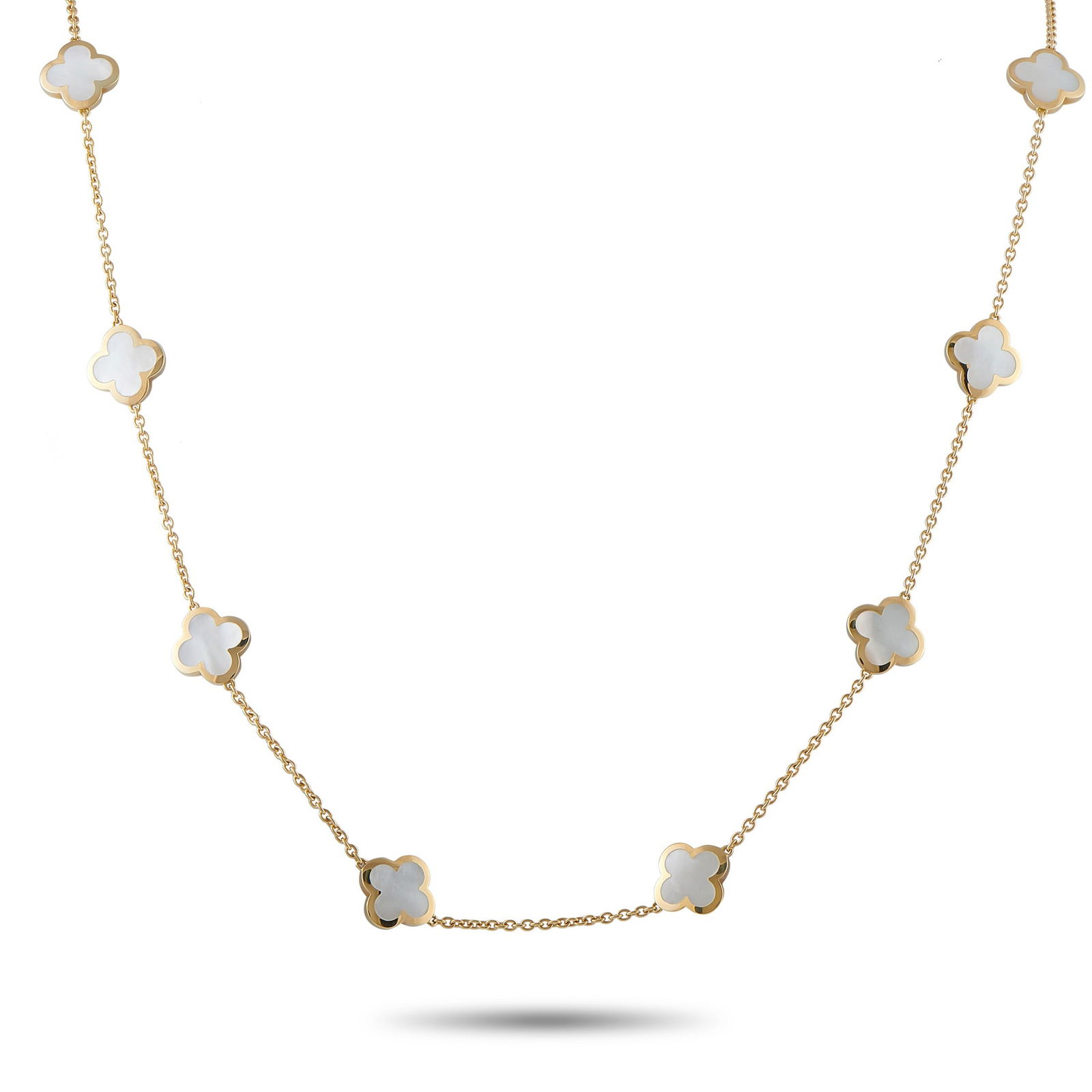 Van Cleef & Arpels Pure Alhambra 18K Mother of Pearl Necklace: Van Cleef & Arpels Pure Alhambra 18K Yellow Gold and Mother of Pearl 32" 14-Motif Necklace W/Box and Papers - Clean lines and timeless sophistication define this Pure Alhambra necklace by Van Cleef &